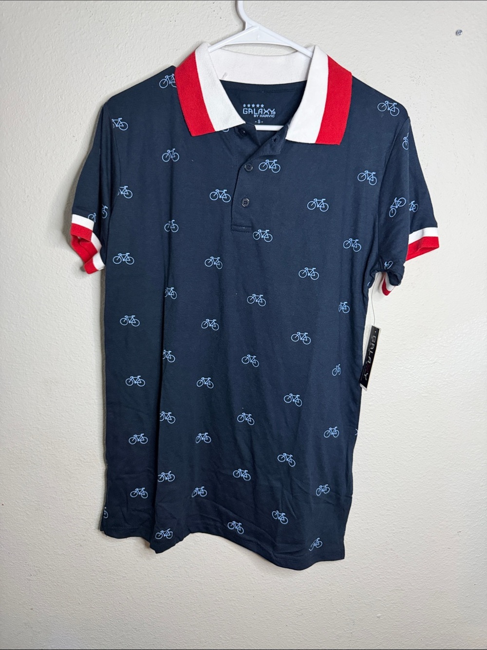 Galaxy By Harvic Navy Bicycle Print Polo Shirt Mens Small NWT